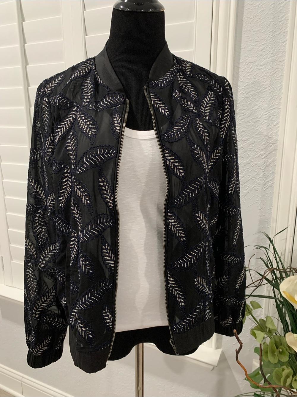 Peck & Peck Black Jacket with Silver and Blue Embroidered Leaf Motif